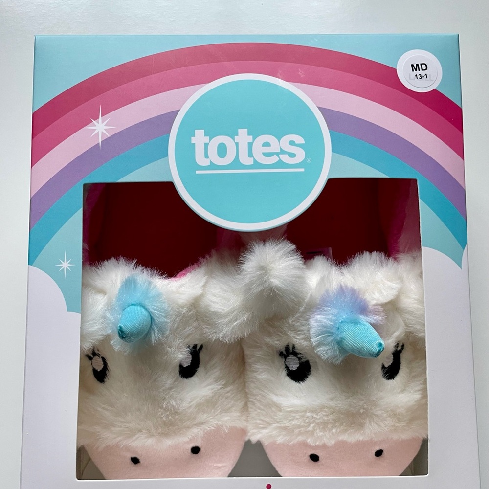 Totes Unicorn Slippers - White and Light Blue, GREAT GIFT! Child MED